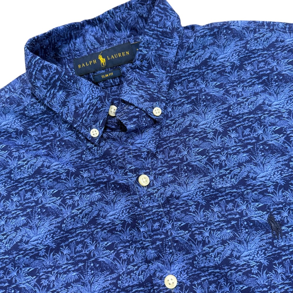 Ralph Lauren Slim Fit Tropical Print Blue Button Down Shirt Size M Resortwear